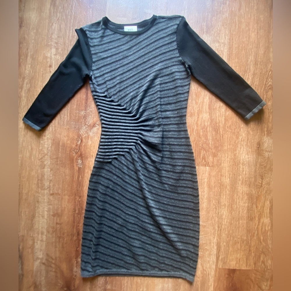 eci Black and Gray 3/4 Sleeve Fitted Sheath Dress